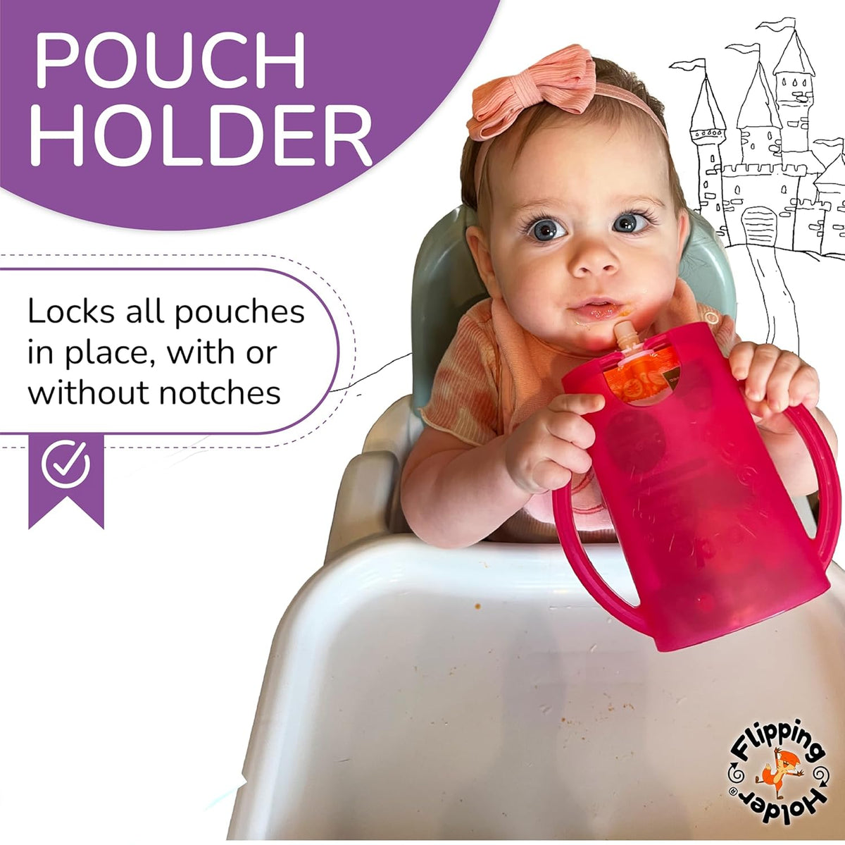 Squeeze Proof Food Pouch Holder for Toddlers, Babies, Kids, Mess Free No Squeeze Juice Box Drink Holder with Easy Grip Handles and Lid - Made in USA (White 3 Pack)