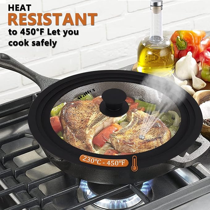 Walfos Universal Lid, Tempered Pan Lid with Heat Resistant Silicone Rim, Fits All 7" to 12" Diameter Cookware, Pots, Pans and Skillets (2Pk)