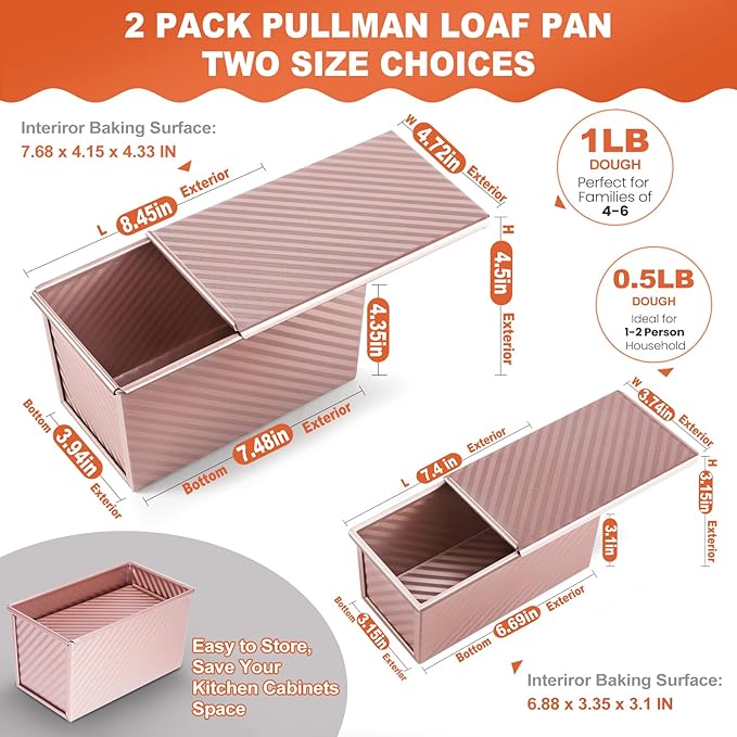Pavsrmy 2 Pack Pullman Loaf Pan with Lid, 1 lb/0.5 lb Dough Capacity, Premium Non-Stick Sandwich Bread Loaf Pan with Lid, Carbon Steel Corrugated Bread Toast Box Mold with Cover for Baking