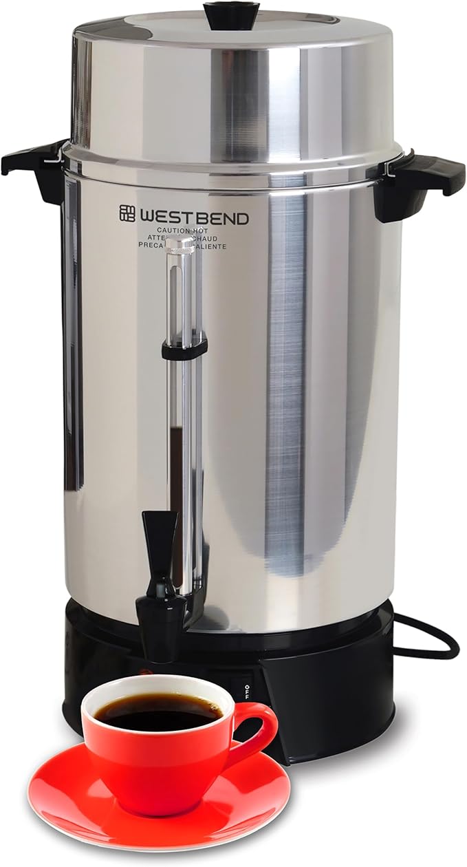 West Bend 33600 Coffee Urn Commercial Highly-Polished Aluminum NSF Approved Features Automatic Temperature Control Large Capacity with Fast Brewing and Easy Clean Up, 100-Cup, Silver