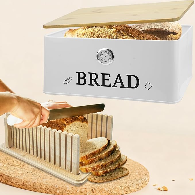 White Bread Box for Kitchen Countertop with Bamboo lid, Hygrometer Kitchen Organizer for Sourdough, Buns, and Loaves, Bread Storage Container with Cutting Board Lid
