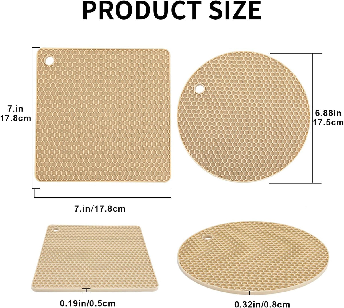 4 Pack Silicone Trivets for Hot Pots and Pans, Pot Holders Hot Pads, Non-Slip & Heat Resistant Silicone Mats for Kitchen Counter, Soft Durable Drying Mat, Jar Opener and Coasters (Beige)