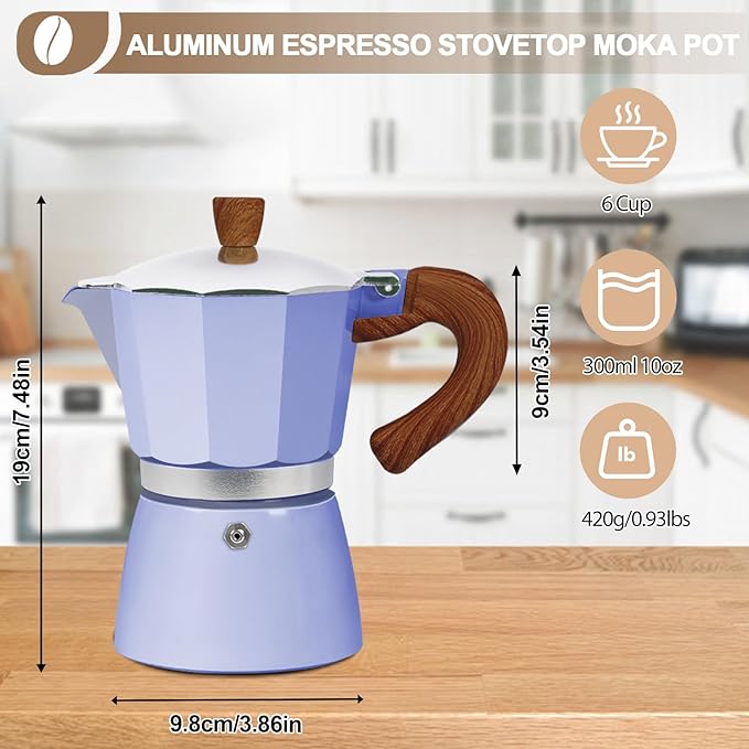 Aluminum 6 Cup 300ml Moka Pot Express Coffee Maker Stovetop Espresso Colorful Coffeemaker Italian Classic Style Brewing Greca Cafe Mocha Machine for Cafeteras Lover Camping Travel and Home Use 10oz
