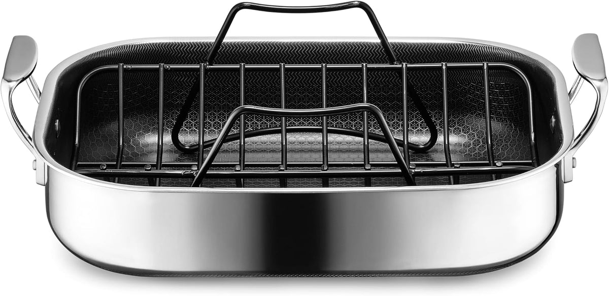 HexClad Hybrid Nonstick Small Roasting Pan with Rack, Dishwasher-Friendly, Oven-Safe Up to 900°F, Compatible with All Cooktops