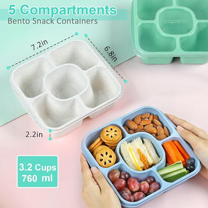 Caperci Original Bento Snack Box and Lunchable Containers for Kids & Adults - 5 Compartment Food Storage Containers for Snacks and Meals, Wheat Straw, BPA-Free, Set of 4 (Multicolor & Clear Lids)