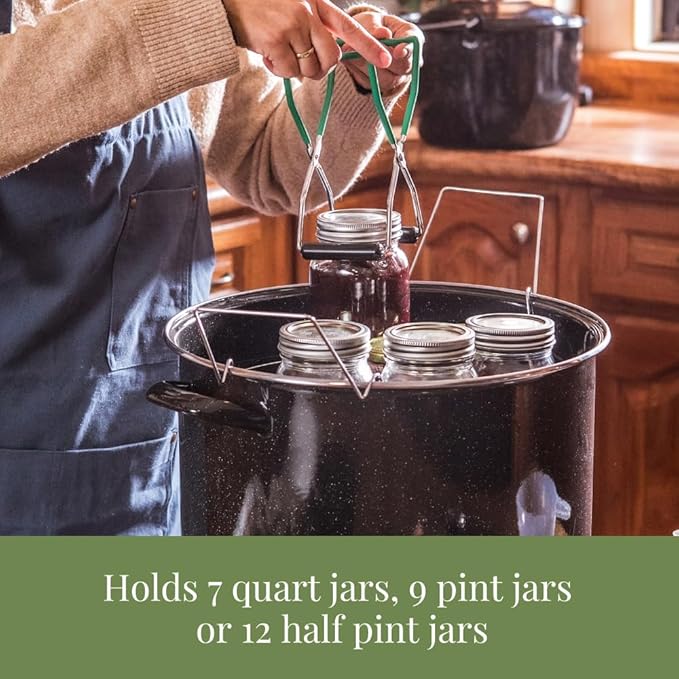 Granite Ware 21.5 Qt Heavy Gauge - 9 Piece water bath canning pot (Speckled Black) with canning toolset, rack and preserving kettle.