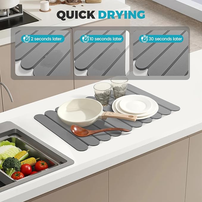 Extral Large Quick Dry Stone Drying Mat for Kitchen Counter,24"(L)x16"(W) Collapsible Eco-Friendly Absorbent Diatomaceous Earth Mat for Dishes Cups,Dish Drying Mats (Medium gray-Ellipse, 24x16 inch)