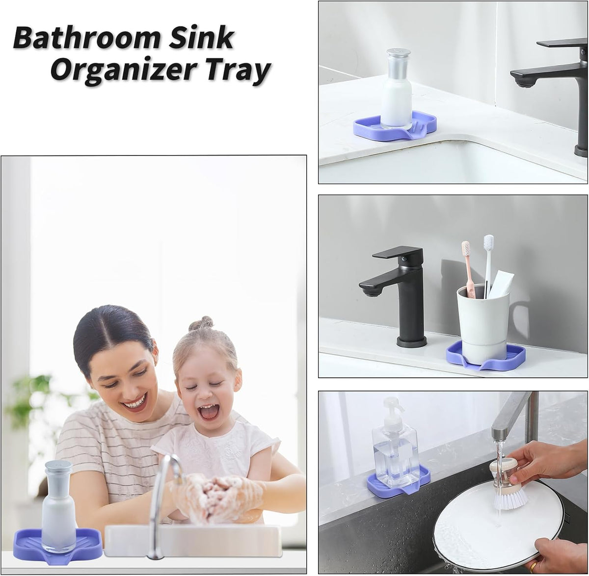 Silicone Bathroom Soap Dishes with Drain Spout-Bathroom and Kitchen Sink Organizer,Sponge Holder,Dish Soap Tray,Perfect for Dispenser,Scrubber,Bottle on Sink or Counter-Light Purple 4.9"×3.2"