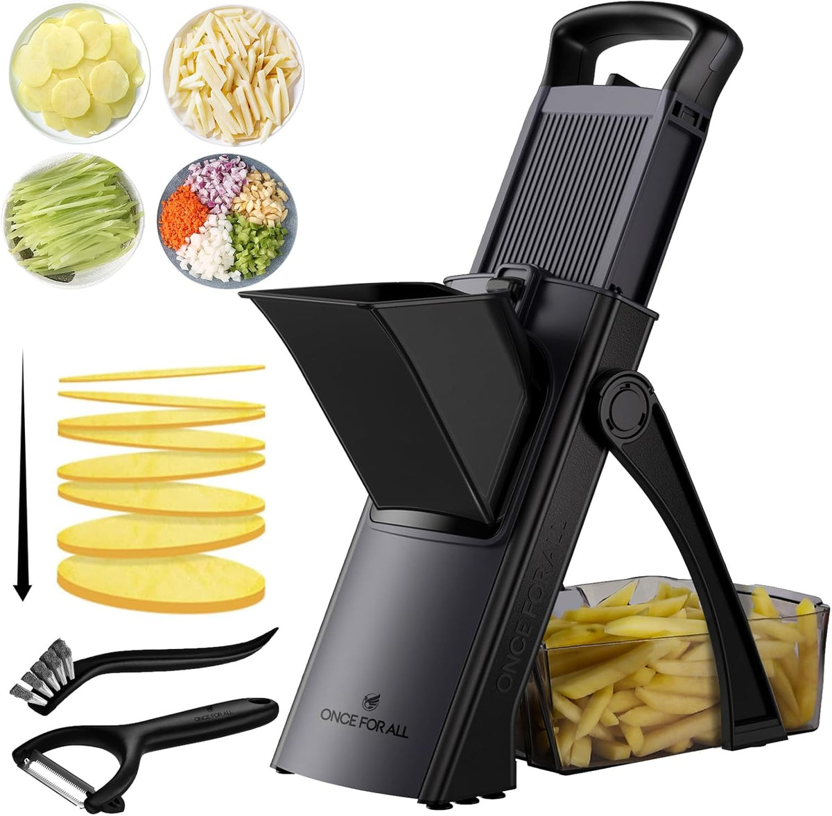 ONCE FOR ALL Safe Mandoline Slicer For Kitchen, Biger Size, Adjustable Vegetable Chopper Food Slicer Potato French Fry Cutter with Peeler, Detachable, Kitchen Chopping Artifact (Black)