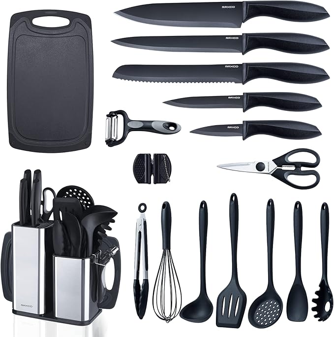 RAXCO Kitchen Utensils Set For Cooking-7 Cooking Utensils,5 Kitchen Utensils,6 Knife set,utensilios de cocina(18-in-1) (Black)