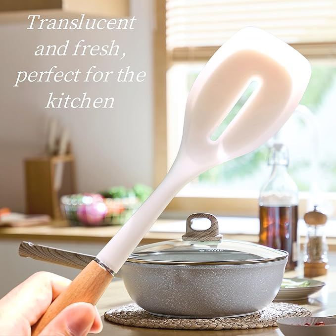 Quality Silicone Cooking Utensils Set - Non-Toxic, Heat-Resistant Kitchen Utensils Set with Food-Grade Silicone & Wood Handles - Includes Spatula & Spoon for Non-Stick Cookware, Translucent White