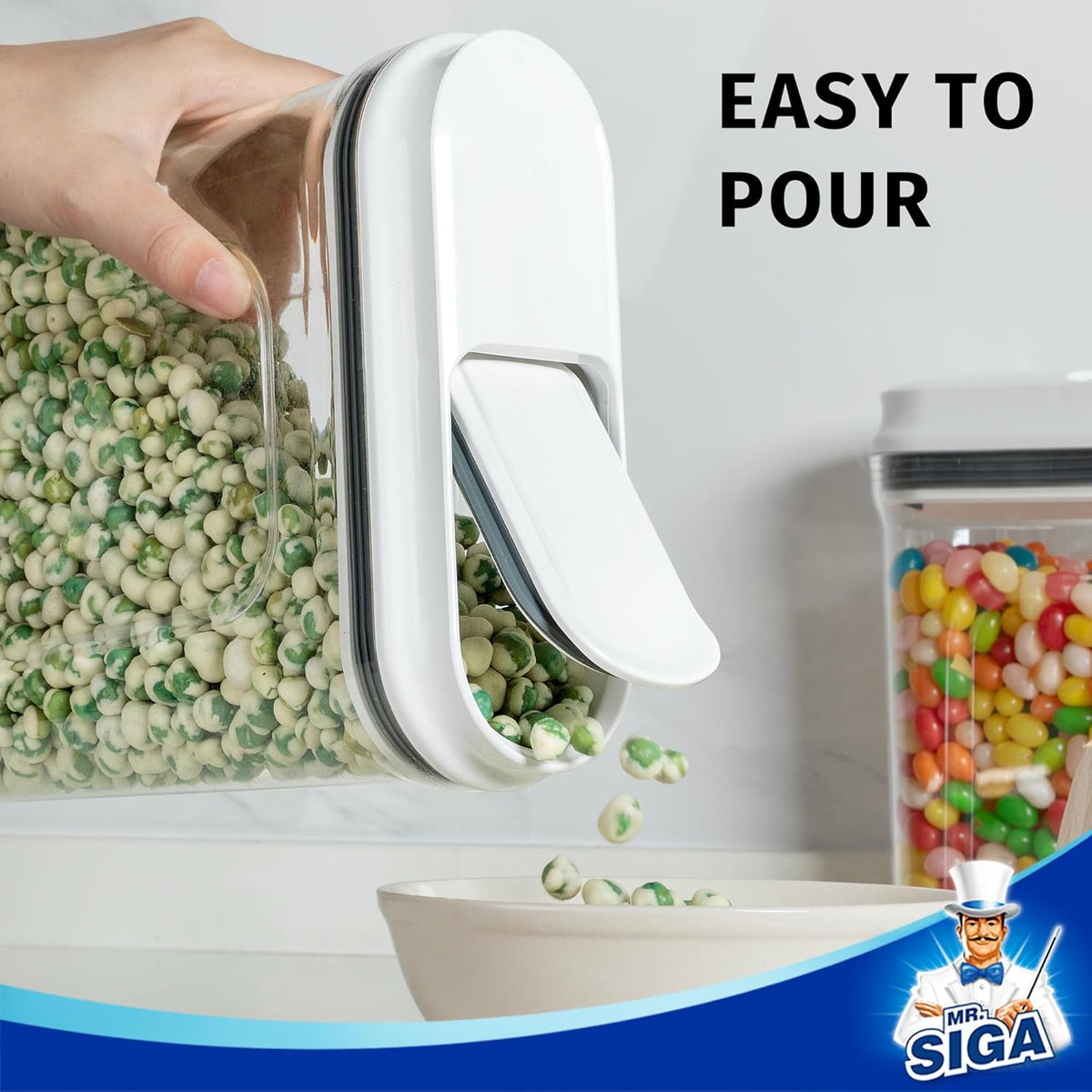 MR.SIGA Airtight Cereal Dispenser Set, Storage Containers for Dry Goods, Nuts, Beans, Snacks, BPA Free, 1.6 L / 1.69 Qt, Medium, Clear, 2 Pack
