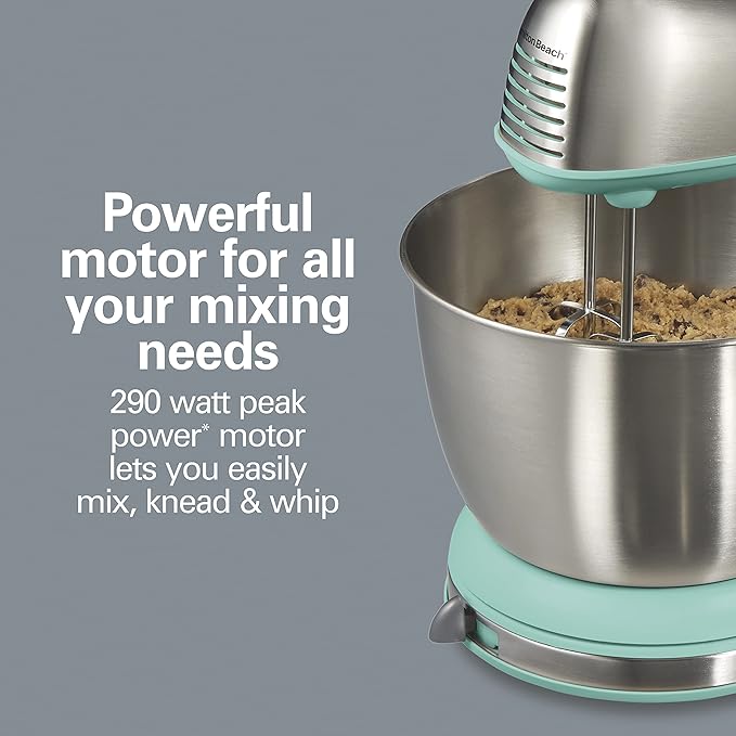 Hamilton Beach Classic Stand and Hand Mixer, 4 Quarts, 6 Speeds with QuickBurst, Bowl Rest, 290 Watts Peak Power, Blue (64658)