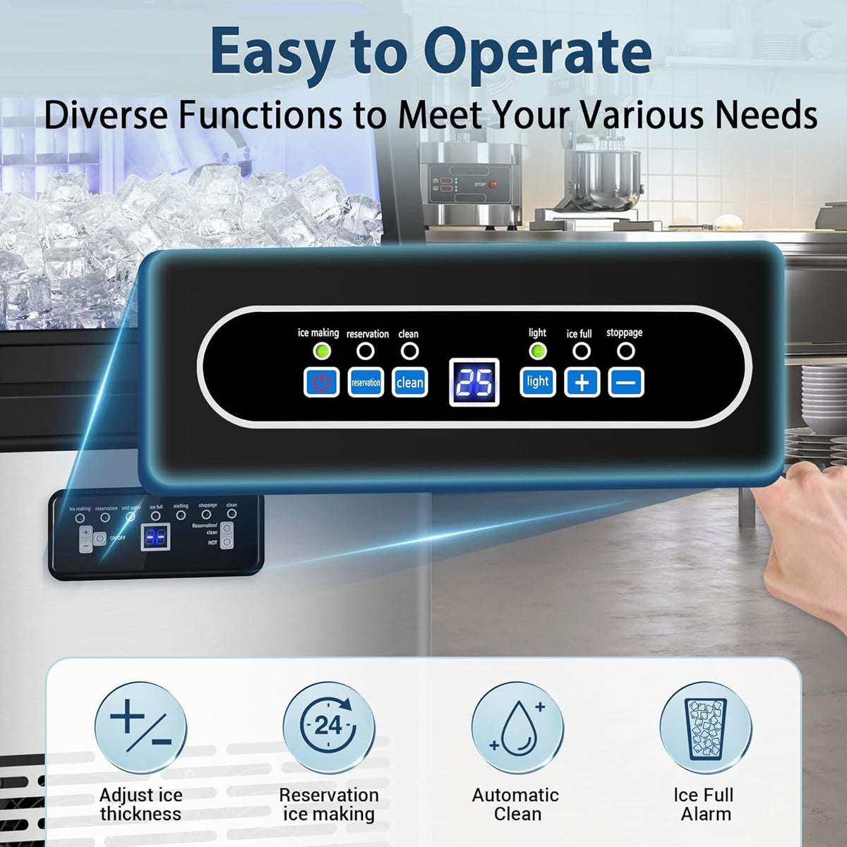 Commercial Ice Maker Machine 100Lbs/24 with 20 Storage Bin, 36Pcs Ice Cubes 9-15Mins, Dual Water Inlet Options Stainless Steel Under Counter/Freestanding Ice Cube Machine for Home, Party, Office