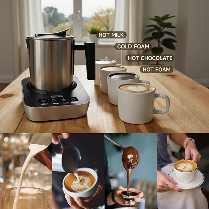 4-in-1 Electric Milk Frother and Steamer, 400ml(13.5oz) Stainless Steel Pitcher with Auto Shut-Off, Hot & Cold Foam Maker and Milk Warmer for Lattes, Cappuccinos, Macchiato, Dishwasher Safe