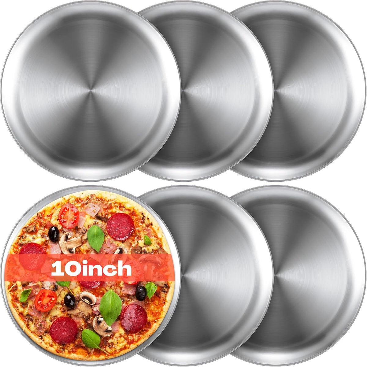 Thenshop 6 Pieces 10 Inch Pizza Pans Bulk Stainless Steel Sets Round Bakeware Pizza Trays for Oven Kitchen Baking Home Restaurant Safe Sturdy Reusable Easy Clean(Silver)