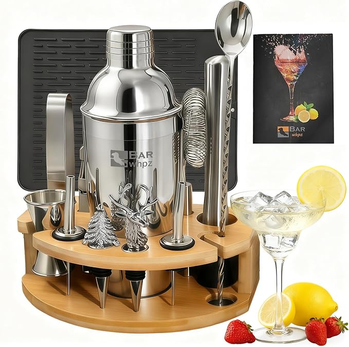 Silicone Pad Included Cocktail Shaker Set Bartender Kit,Mixology Bartender Kit 13-Piece with Bamboo Stand,Martini Shaker Kit with All Essential Accessory Tools for Drink Mixing Gift for him or her
