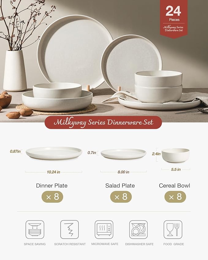 Famiware Milkyway Plates and Bowls Sets, 24 Pieces Dinnerware Sets, Reactive Glaze Dish Set, Stoneware Dishes Set for 8, Matte Beige White