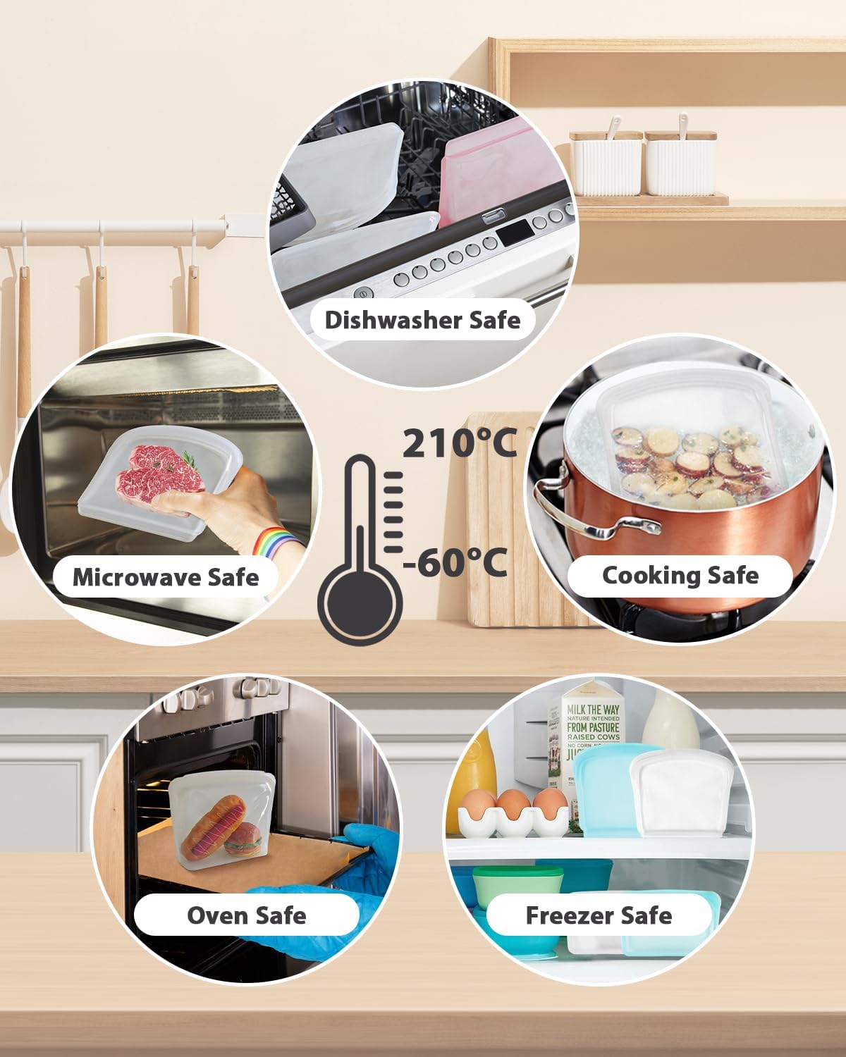 Reusable Silicone Storage Bag, 6 Packs Pocket, Snack, and Sandwich Bag, Endurables Seal-Top Silicone Bags for Food Storage, Freezer, Microwave, Oven, Dishwasher Safe (Clear & Rose Quartz)