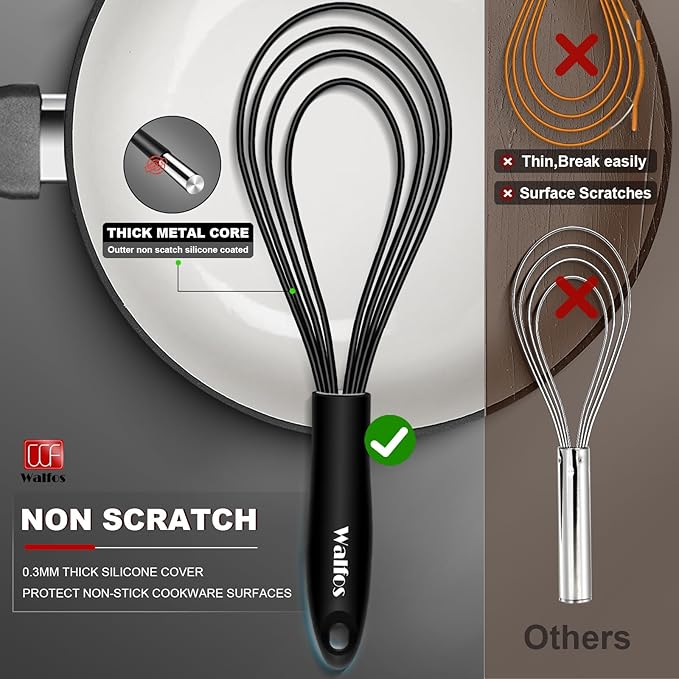 Walfos Silicone Flat Whisk,11inch Flat Whisk Non Scratch Coated Flat Whisks for Cooking.Great for Ceramic Coated pans and Wider shallower pots.Black