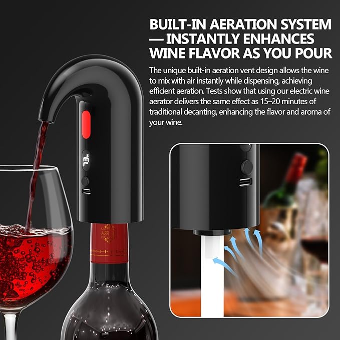 Electric Wine Aerator & Decanter Pump – Quiet Dual-Pump Aeration, Measured Pouring, Temp Display & USB Rechargeable System – Professional Wine Tool for Home Bars (Black)