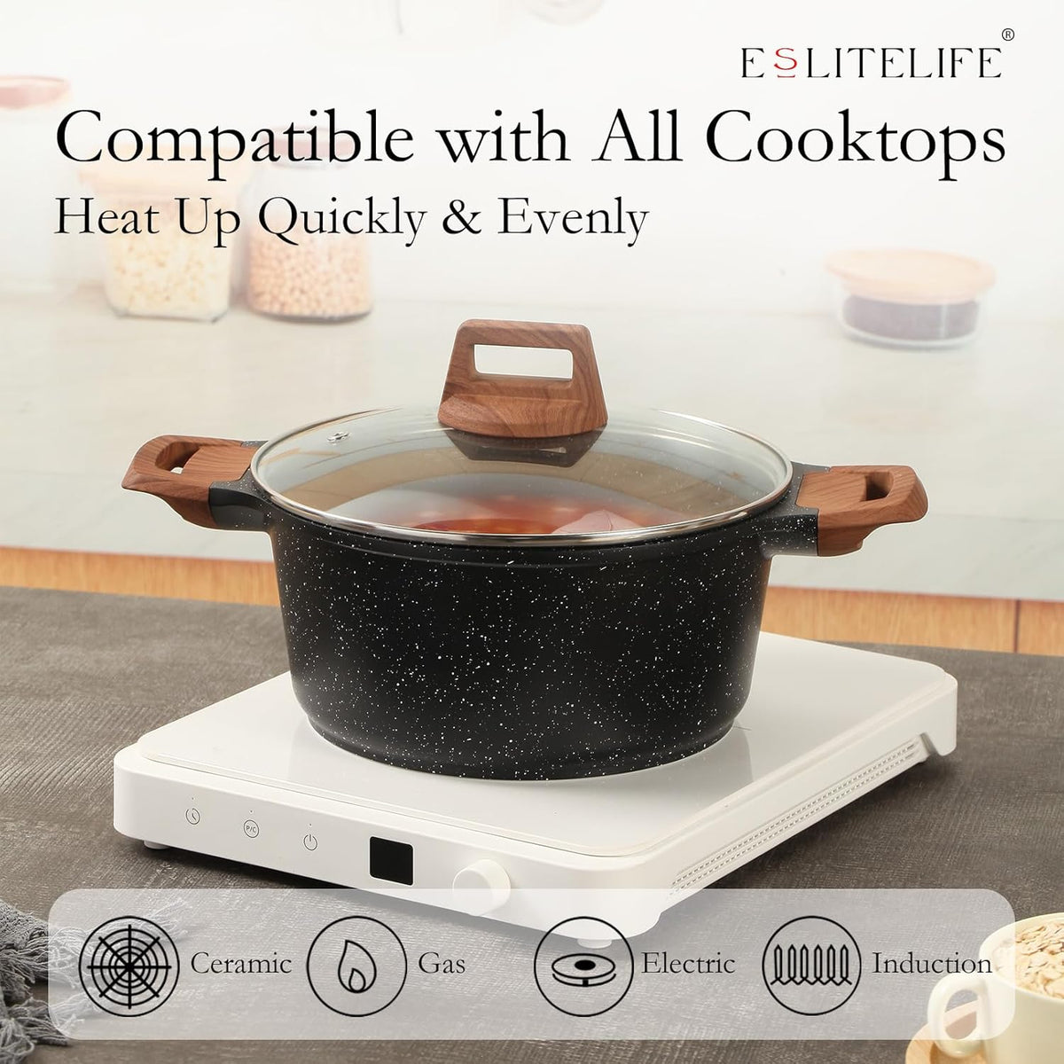 ESLITE LIFE Nonstick Stock Pot with Lid, 7 Quart Granite Casserole Large Soup Pot Pasta Cooking Pot, Induction Compatible, PTFE & PFOA Free, Black