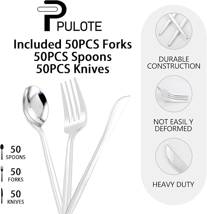 PULOTE 150PCS Silver Plastic Silverware Disposable - Heavy Duty Silver Plastic Cutlery Set - Plastic Utensils Set Include 50 Knives,50 Forks and 50 Spoons for Wedding,Party&Christmas