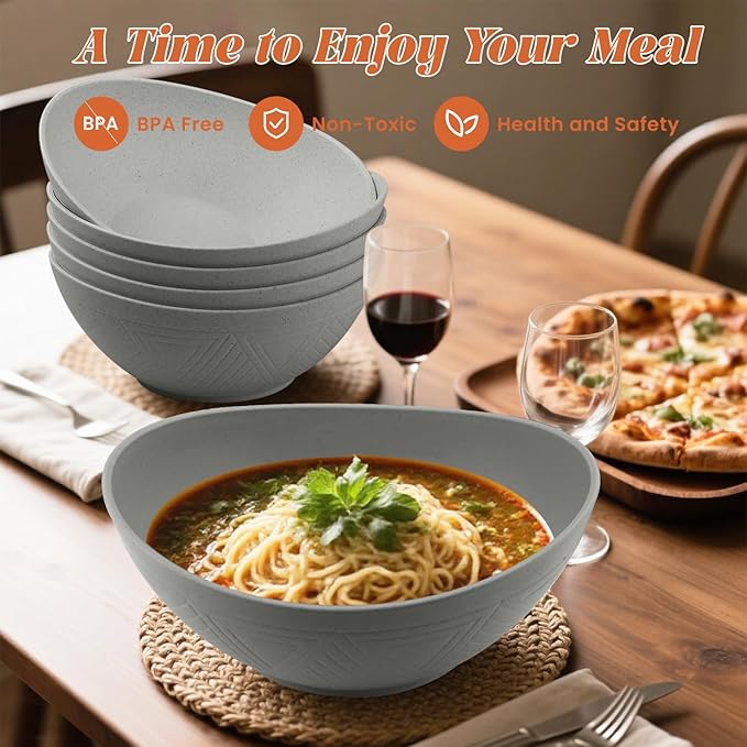 Homienly Wheat Straw Bowls, Large Salad Bowls Set of 6-60 OZ Serving Bowl for Kitchen, Camping, Party - Unbreakablke Microwave and Dishwasher Safe Big Cereal Bowl, Large Soup Bowl - Grey