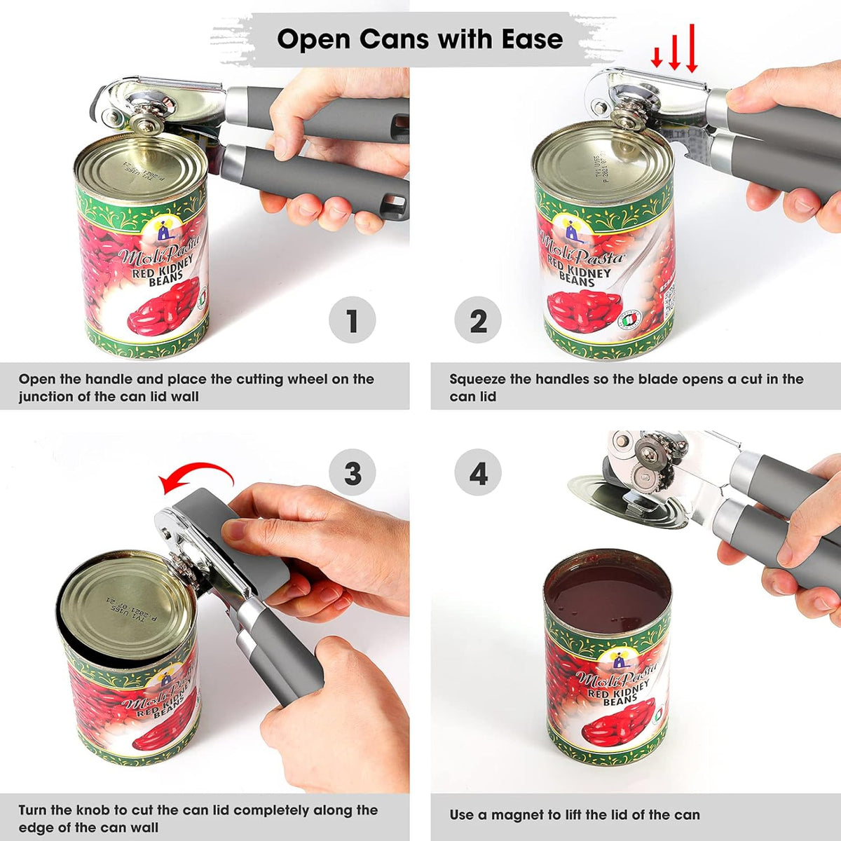 Beneno Can Opener Manual with Magnet, Hand Held Heavy Duty Can Opener with Durable Sharp Blade Smooth Edge, Big Effort-Saving Knob, Soft Grip Rubber Handle, Multifunctional Bottle Opener, Gray