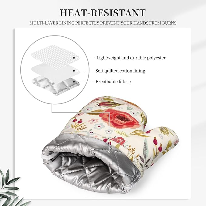 Wildflowers Floral Oven Mitts Pot Holders Set Silicone Heat Resistant Botanical Floral Oven Mitts and Hot Pads Potholders Non-Slip Oven Gloves for Cooking Baking Grilling BBQ