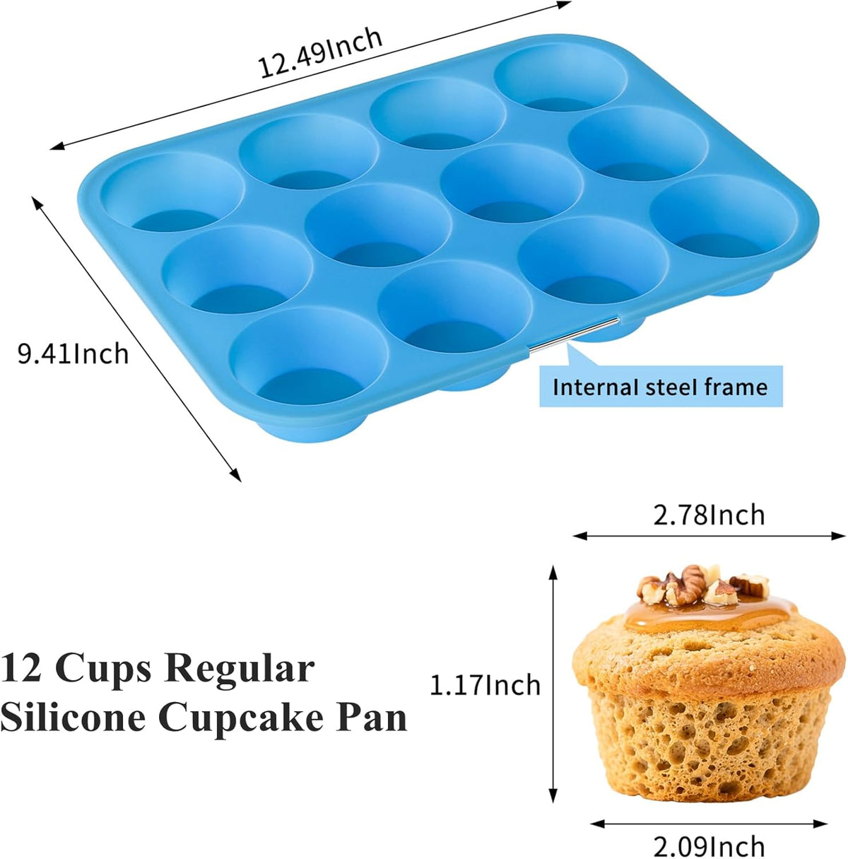 Bangp 12-Cup Silicone Muffin Pan with Metal Reinforced Frame,2 Pack Regular Size Cupcake Pan,Premium Non-Stick Bend Resistance Silicone Molds for Making Muffin,Cakes,Tart,Egg Bites (Red & Blue)