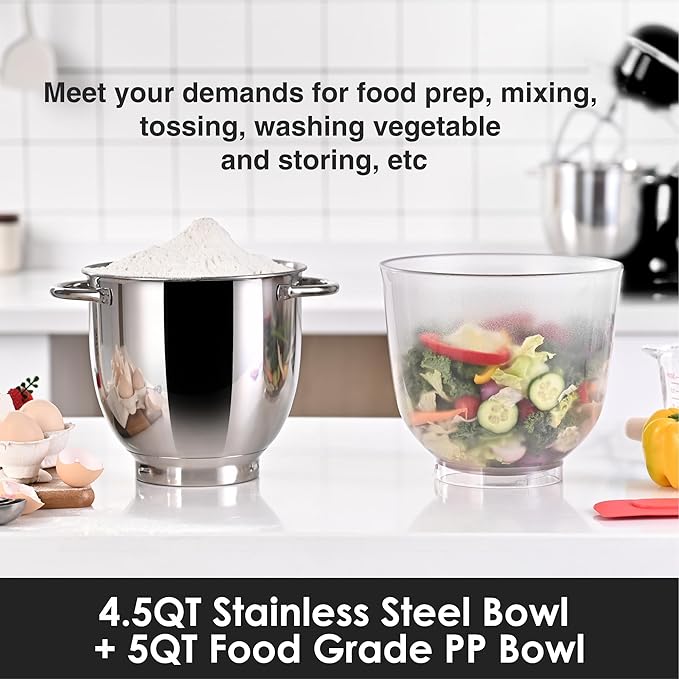 Kitchen in the box Stand Mixer, 5QT Two bowls Electric Food Mixer, 10 Speeds 3-IN-1 Kitchen Mixer for Daily Use with Egg Whisk,Dough Hook,Flat Beater (Black, 5QT)
