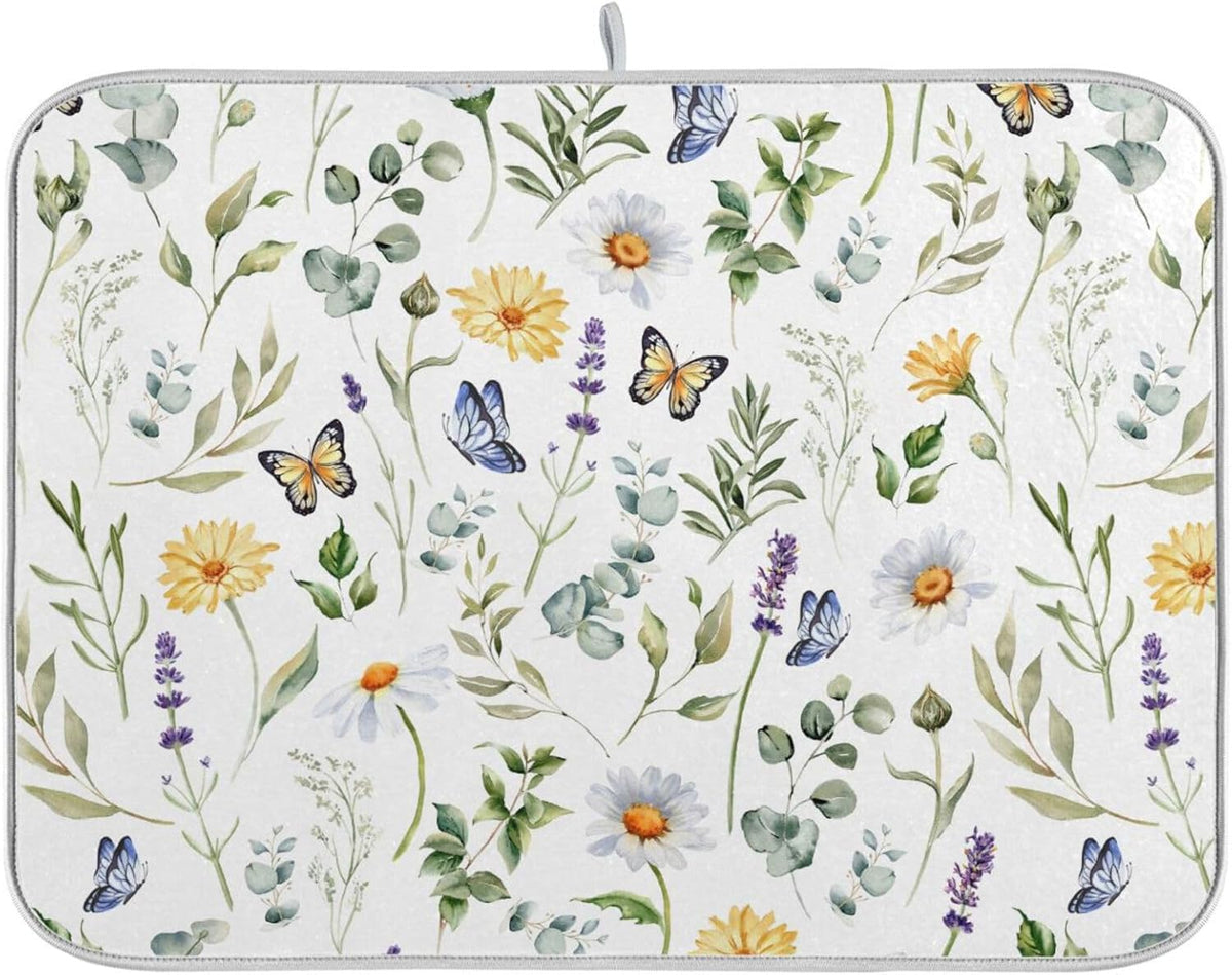 Wildflowers Butterflies Botanical Leaves Dish Drying Mat for Kitchen Counter Absorbent Microfiber Drying Pad, Medium 16x18 in, Reversible Drainer Mats
