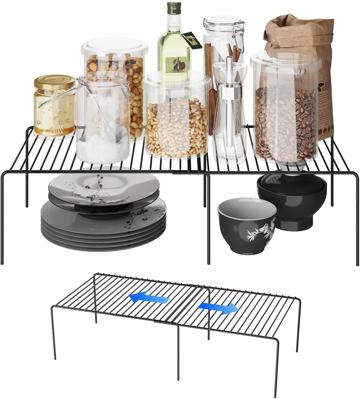 Expandable Storage Shelf, Pantry Organizers and Storage, Adjustable Rustproof Metal Wire Spice Rack, Space Saver Kitchen Storage Shelves for Pan, Pot, Countertop, Drawer, Fridge, Set of 2, Black