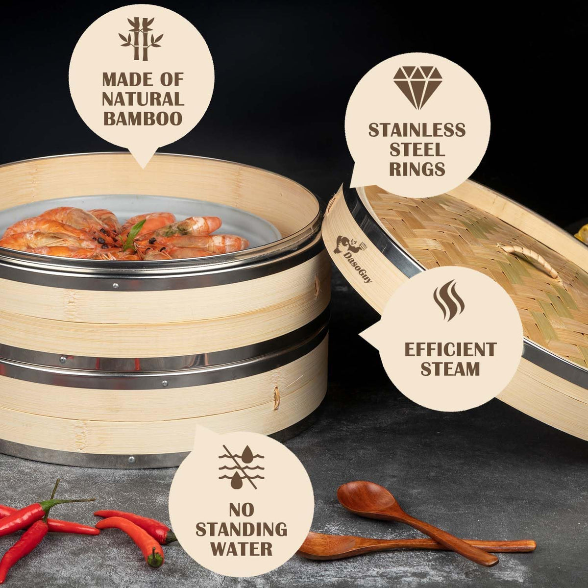 Bamboo Steamer Basket, Stainless Steel Reinforced Rim, 12-Inch 2-Tier Steamer for Cooking, 50 Liners Chopsticks Sauce Dish Dumpling Makers, Steaming Asian Food Bao Buns Dim Sum Rice Veggies Steam Pot