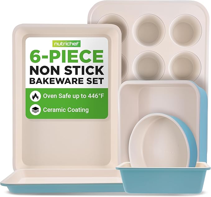 NutriChef 6-Piece Baking Pan Set, Premium Carbon Steel Bakeware with Durable Ceramic Non-Stick Coating - Includes Wide Baking Pan, Medium Size Cookie Sheet, Muffin Pan, Cake & Loaf Pan - Turquoise