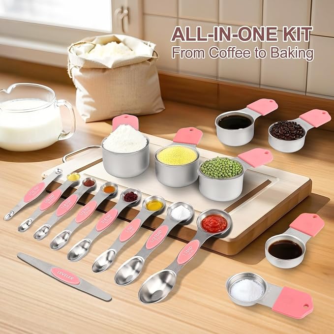 16-Piece Stainless Steel Measuring Cups and Spoons Set, Strong Magnetic Nesting Design 7 Cups 8 Spoons with Leveler, Double Measurement Markings for Dry & Liquid Ingredients, Pink