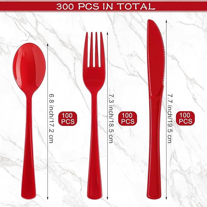 300 Pieces Christmas Red Plastic Silverware Heavy Duty Plastic Cutlery Set Heavyweight Disposable Flatware Includes Spoons Forks Knifes for Party Prom Night Wedding Dinner