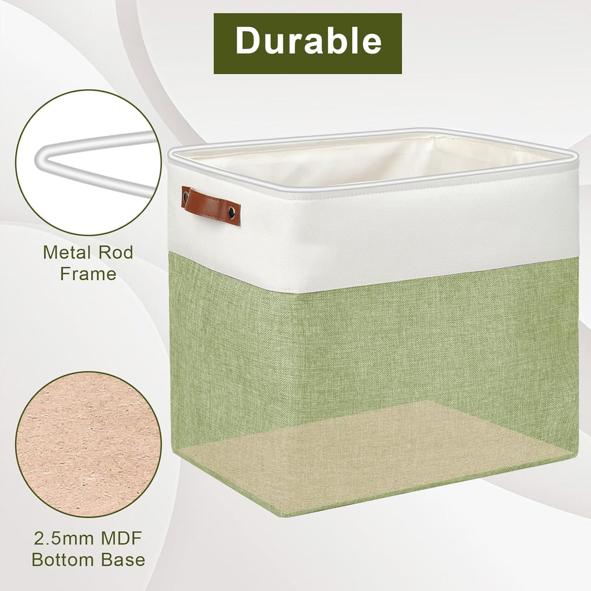 Large Fabric Storage Baskets | 50L Storage Bins, Decorative Linen Closet Baskets with Handles for Organizing, Shelf, Toys, Clothes, Home, Office, Nursery, 17x12x15Inches (Green&White)
