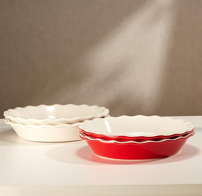 KooK Pie Pan, Ceramic Reusable Round Pie Dish, Quiche Baking Dish, Deep, Wave Edge, For Cakes, Tart, Casseroles, Tarts, Microwave, Oven and Dishwasher Safe, 9-Inch, 36 oz, Set of 2, Cherry