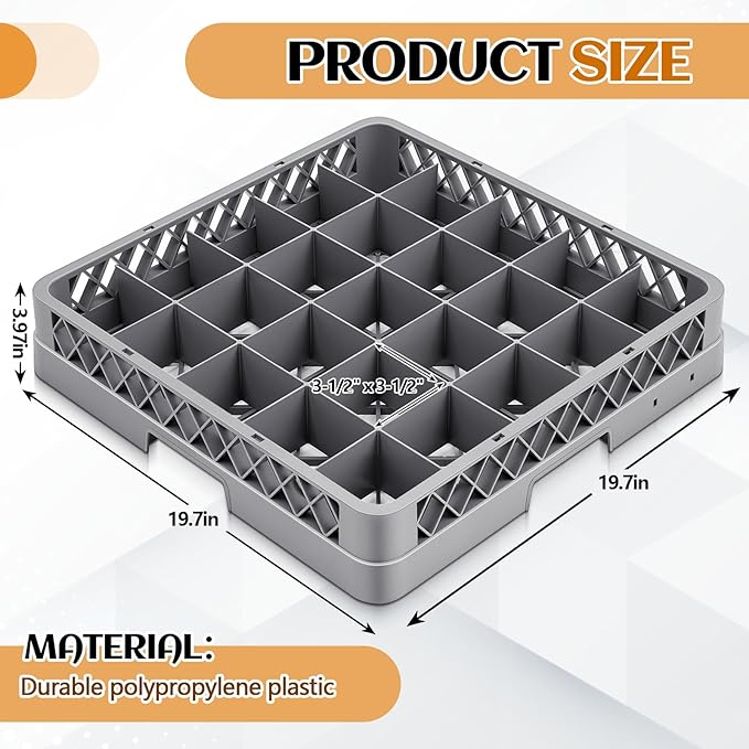 1 Pack Commercial Dishwasher Tray Rack Polypropylene Full Size Flatware Rack for Bowls Plates Knives Forks Cups (25 Grid,Gray)
