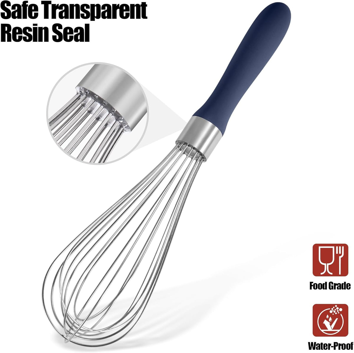 18/8 Stainless Steel Balloon Whisk, Doosu Kitchen Whisk for Cooking Handheld Egg Beater with Rust-Proof Sturdy Wires & Non-Slip Silicone Handle for Beating, Stirring, Blending (8 Wires, Navy Blue)