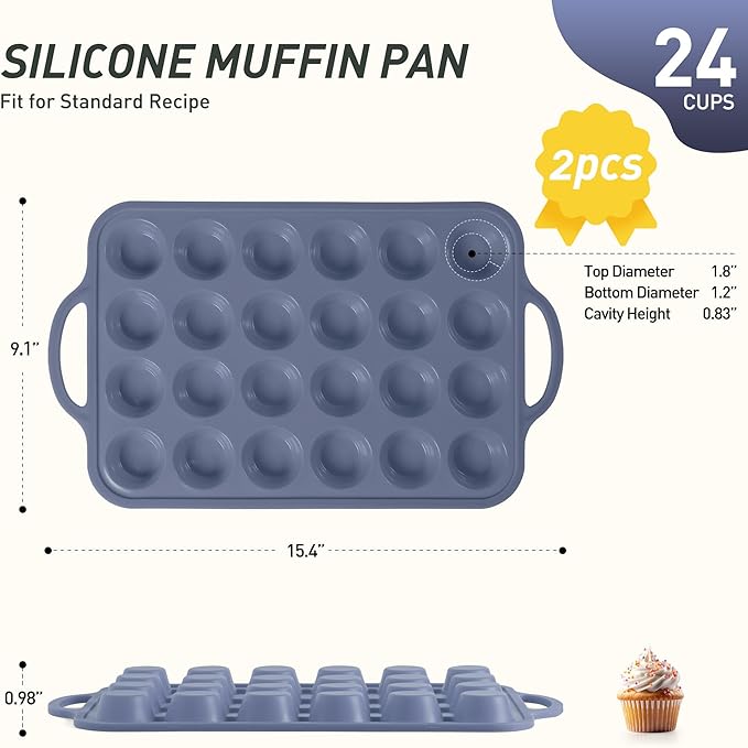 2 Packs 24 Cups Silicone Muffin Pan with Metal Reinforced Frame Mini Size Cupcake Pan Tray Egg Bites Silicone Circle Cookie Molds Muffin Tin Tart Pans Baking Sheet Set for Breakfast Sandwiches