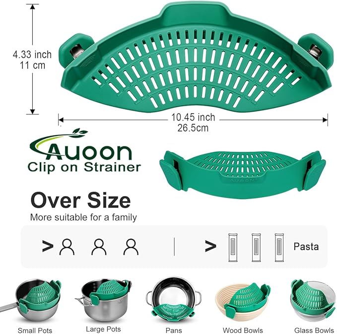 AUOON Oversized Pot Strainer Clip on Silicone - Family-Style Design Pasta Strainer Heat Resistant Kitchen Colander for Spaghetti and Noodles | Dishwasher Safe