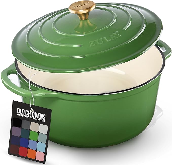 Zulay Kitchen 5 Quart Enameled Cast Iron Dutch Oven Pot with Lid – Premium Durability & Oven Safe up to 500°F – Heavy Duty Cookware Perfect for Bread Baking, Stews, Braising & Roasting – Green