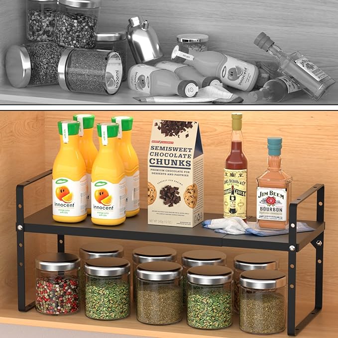 Expandable Cabinet Shelf Organizer, Stackable Kitchen Pantry Counter Storage, Adjustable Closet Cupboard Stand Rack Risers Spice Organization 80LBS Heavy Duty Black Large 1 Pack