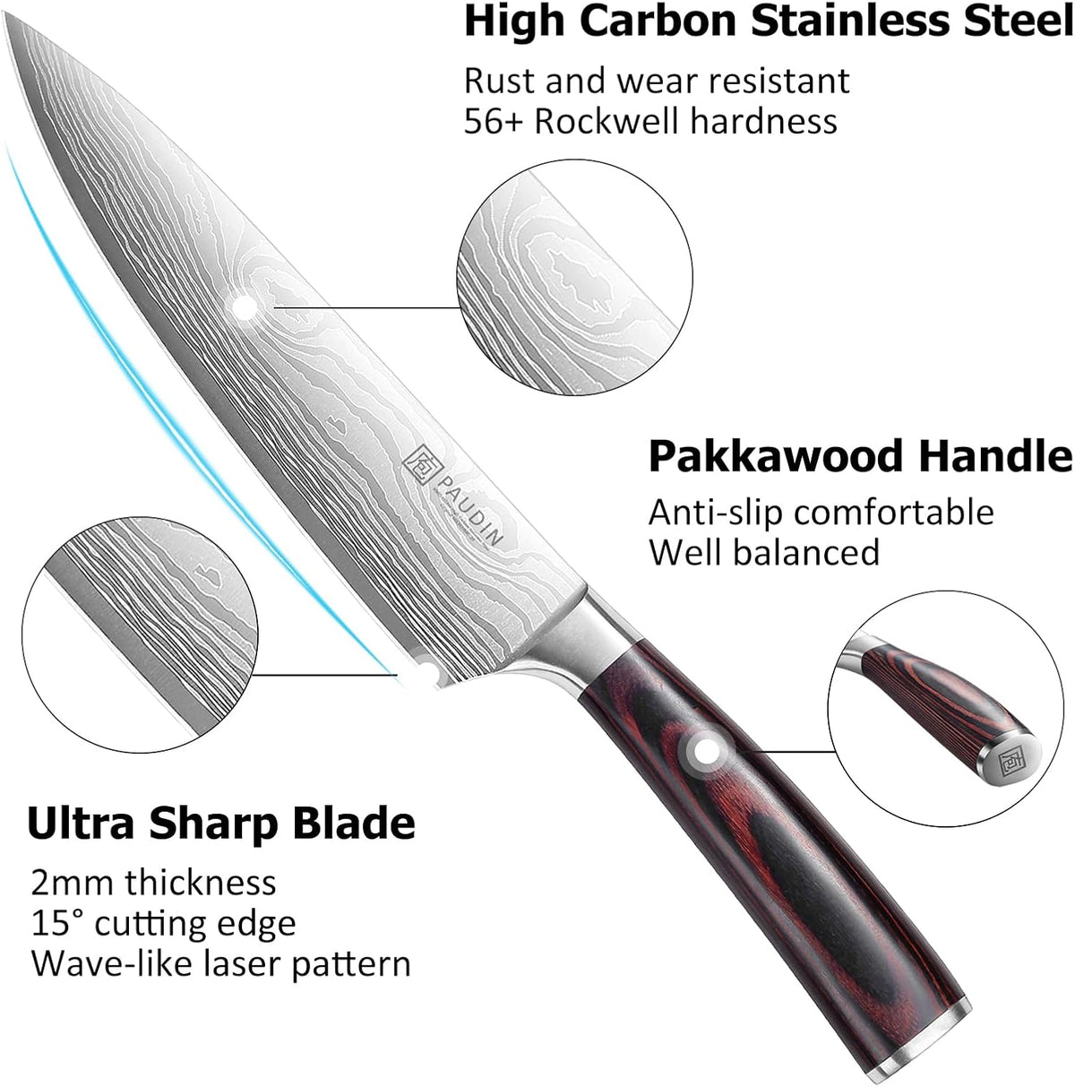 PAUDIN Kitchen Knife Set, 3 Piece High Carbon Stainless Steel Professional Chef Knife Set with Ultra Sharp Blade & Wooden Handle (Kitchen Knife Set 3 Pcs)