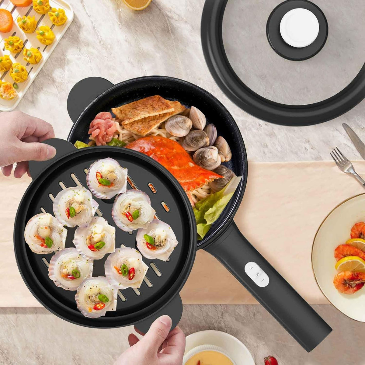 Dezin Electric Cooker, 2L Non-Stick Sauté Pan, Rapid Noodles Cooker, Mini Pot for Steak, Egg, Fried Rice, Ramen, Oatmeal, Soup with Power Adjustment, College Dorm Room Essential(Egg Rack Included)