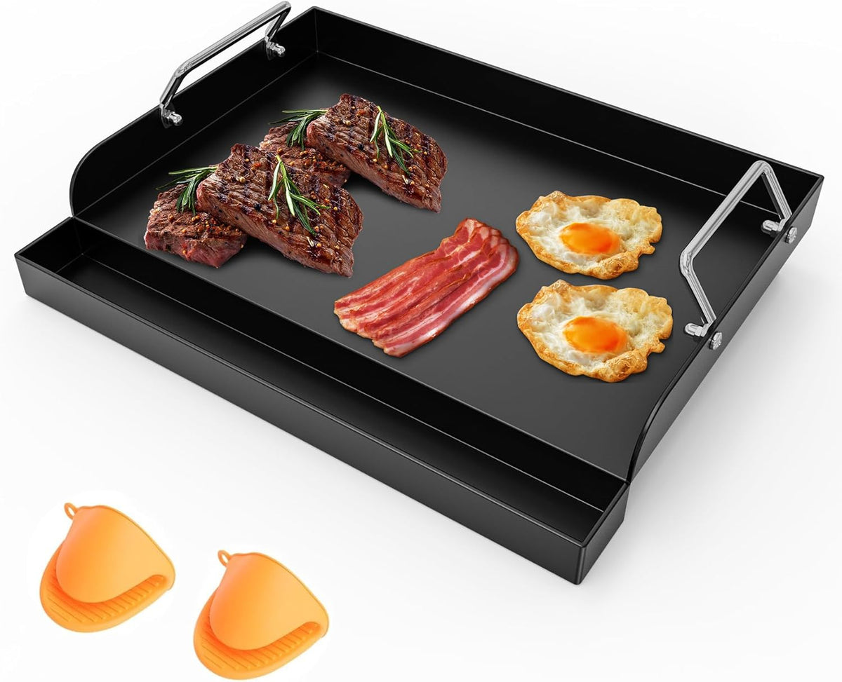 Flat Top Griddle Insert for Outdoor Gas Grill, Universal Cast Iron Griddle for Charcoal Grill, 17" x13" Nonstick Coating Plate with Handle & Grease Groove, for Camping Tailgating