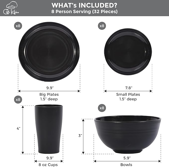 32 Pcs Wheat Straw Dinnerware Sets-Black Dinnerware Sets For 8- Unbreakable Outdoor Camping Dishes With Large Plates, Bowl And Cup Set-BPA Free,Lightweight,Microwave Safe Wheat Straw Plates And Bowls